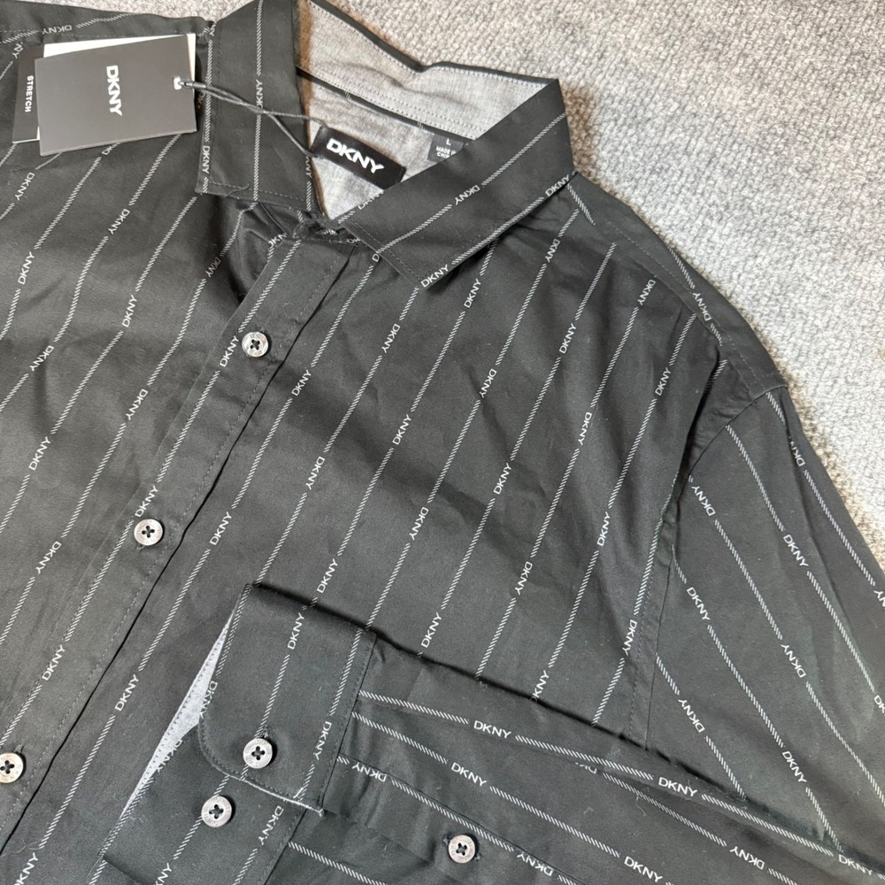 DKNY Mens Black Logo Pinstripe Stretch Button Down Shirt Long Sleeve L NEW